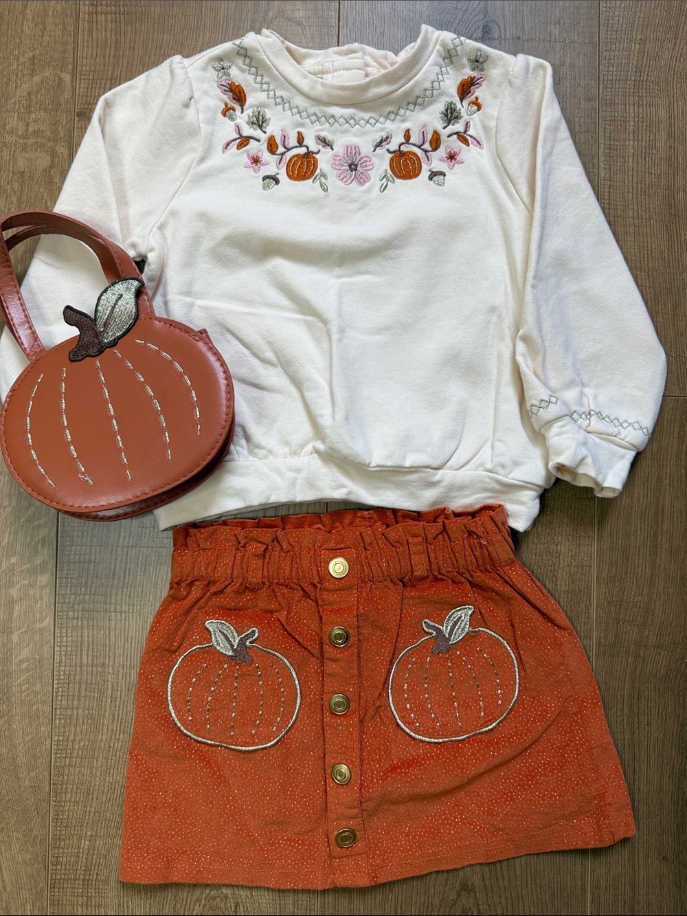 Kids Cream Embroidered Sweatshirt and Orange Pumpkin Skirt Set with Purse